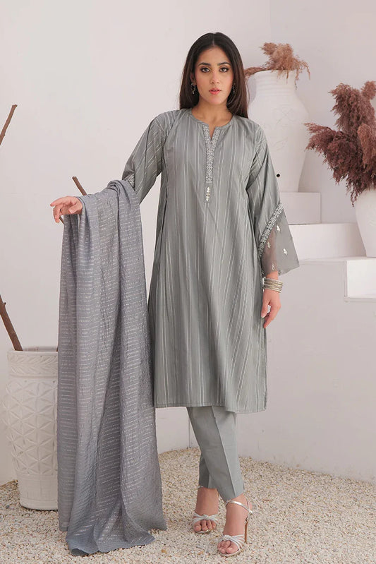 Picture of LBD-02896 | Grey & Silver | Casual Plus 3 Piece Suit | Cotton Dobby Jacquard - Available at Raja Sahib