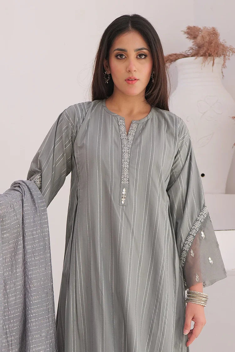 Picture of LBD-02896 | Grey & Silver | Casual Plus 3 Piece Suit | Cotton Dobby Jacquard - Available at Raja Sahib