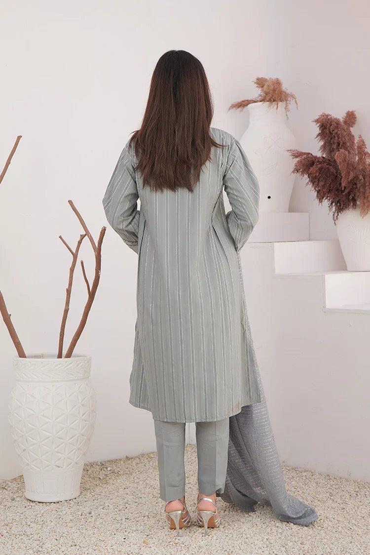 Picture of LBD-02896 | Grey & Silver | Casual Plus 3 Piece Suit | Cotton Dobby Jacquard - Available at Raja Sahib