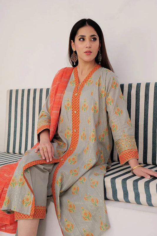 Picture of LBD-02992 | Beige & Multicolor | Casual Plus 3 Piece Suit | Cotton Dobby Dye over Gold Print - Available at Raja Sahib