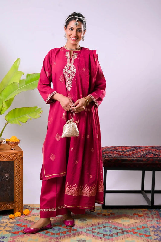 Picture of Senorita - Women Eid Dress - Maroon & Gold - Casual Plus 3 Piece Suit - LBD-03340 - Available at Raja Sahib