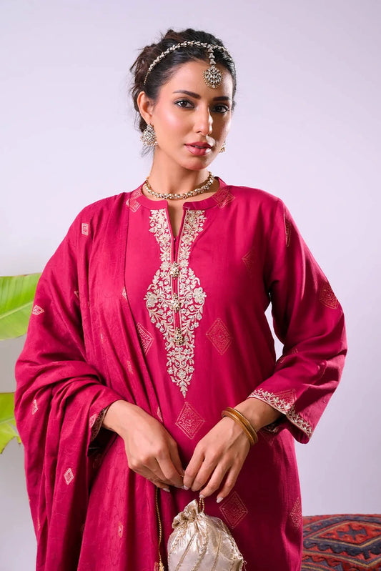 Picture of Senorita - Women Eid Dress - Maroon & Gold - Casual Plus 3 Piece Suit - LBD-03340 - Available at Raja Sahib