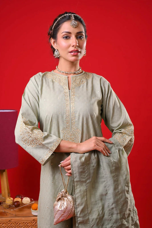 Picture of Senorita - Women Eid Dress - M.Green & Gold - Casual Plus 3 Piece Suit - LBD-03355 - Available at Raja Sahib