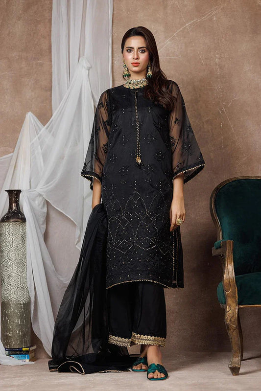 Picture of Women formal dress | Black & Multicolor | Formal 3 Piece Suit | Banarsi Organza Plain Nylon | LDD-03092 - Available at Raja Sahib