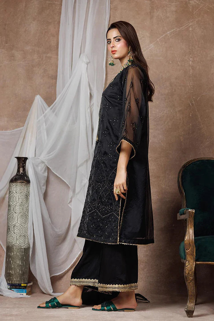 Picture of Women formal dress | Black & Multicolor | Formal 3 Piece Suit | Banarsi Organza Plain Nylon | LDD-03092 - Available at Raja Sahib