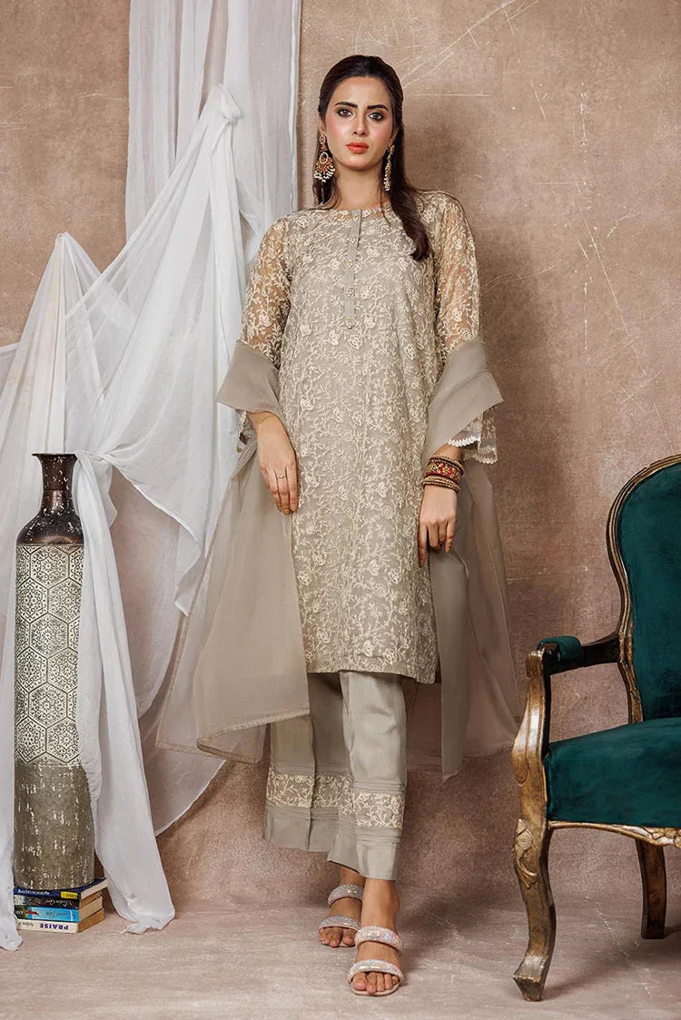 Picture of Women formal clothes | Beige & Fawn | Formal 3 Piece Suit | Banarsi Organza Plain Nylon | LDD-03094 - Available at Raja Sahib