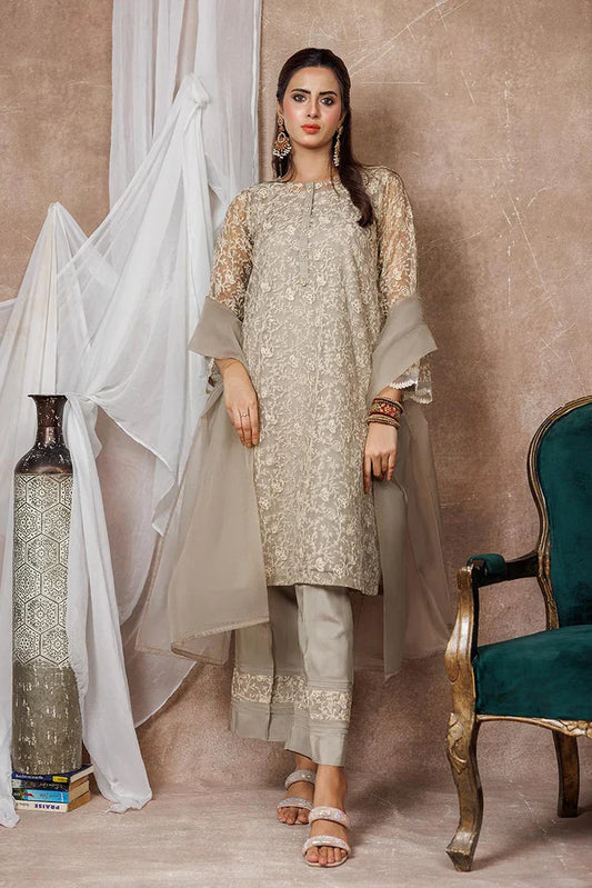 Picture of Women formal clothes | Beige & Fawn | Formal 3 Piece Suit | Banarsi Organza Plain Nylon | LDD-03094 - Available at Raja Sahib