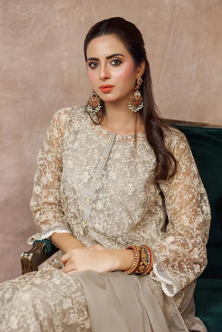 Picture of Women formal clothes | Beige & Fawn | Formal 3 Piece Suit | Banarsi Organza Plain Nylon | LDD-03094 - Available at Raja Sahib