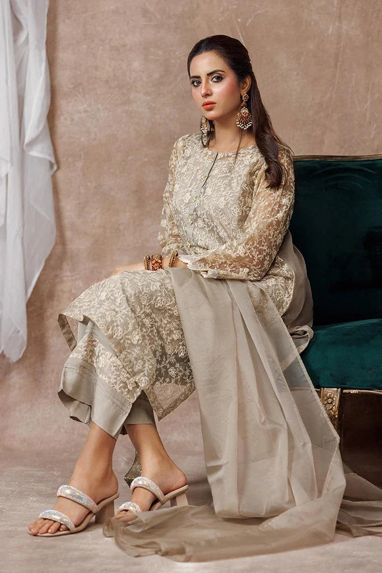Picture of Women formal clothes | Beige & Fawn | Formal 3 Piece Suit | Banarsi Organza Plain Nylon | LDD-03094 - Available at Raja Sahib