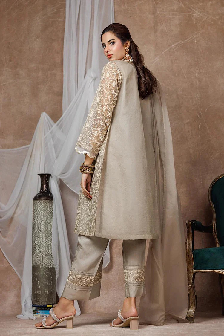 Picture of Women formal clothes | Beige & Fawn | Formal 3 Piece Suit | Banarsi Organza Plain Nylon | LDD-03094 - Available at Raja Sahib