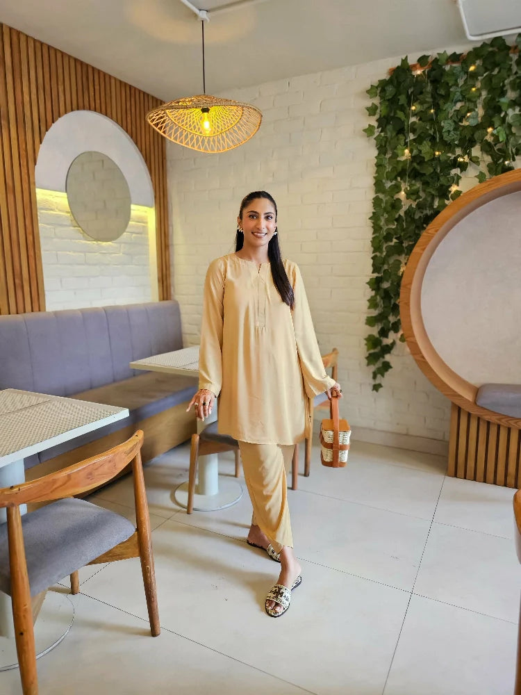 Picture of Manahils - Beige Basic Co-Ord Set - Available at Raja Sahib