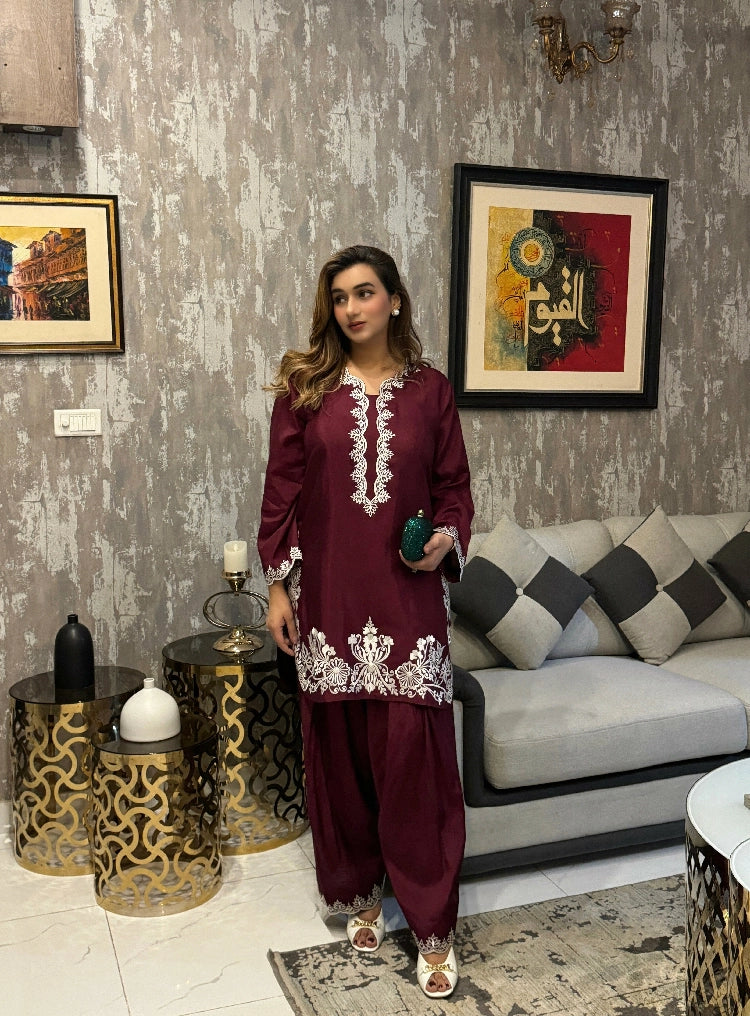 Picture of Manahils - Burgundy Embroidery Farshi Shalwar Set - Available at Raja Sahib