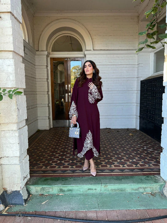 Picture of Manahils - Burgundy Embroidered Two Pc - Available at Raja Sahib