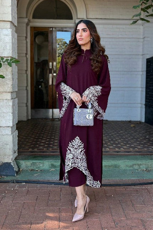 Picture of Manahils - Burgundy Embroidered Two Pc - Available at Raja Sahib