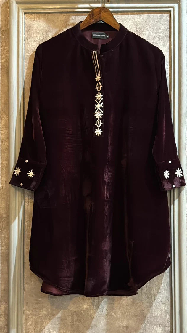Picture of Manahils - Burgundy Embroidered Velvet Co-Ord - Available at Raja Sahib
