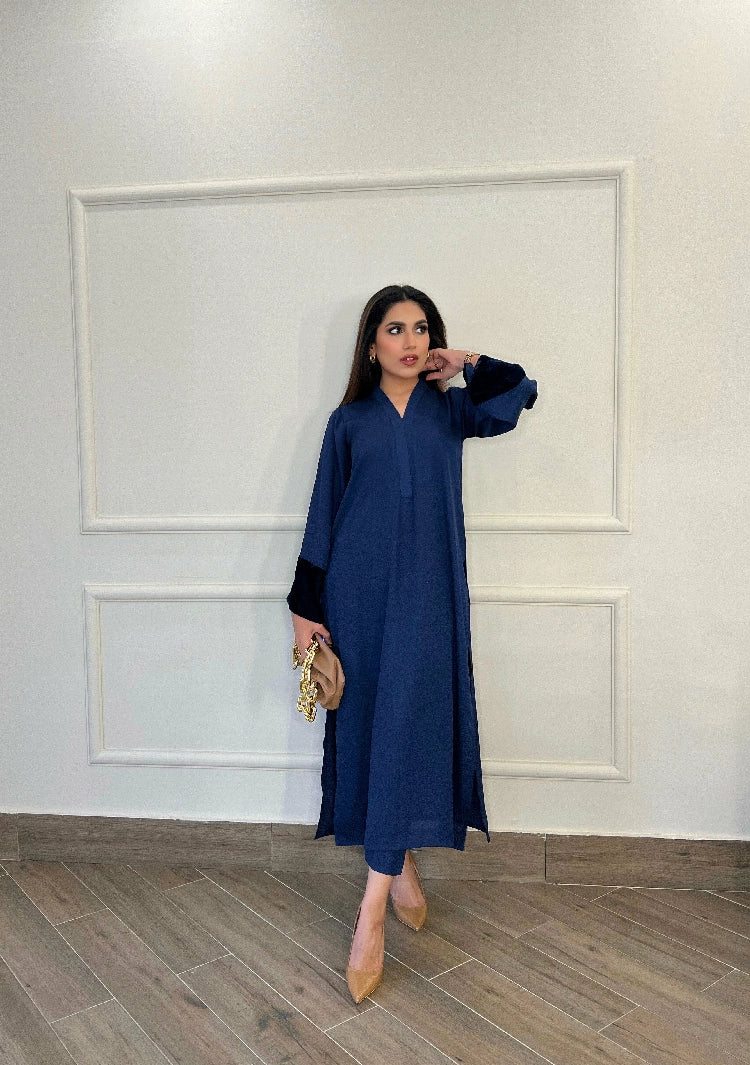 Picture of Manahils - Blue Long Set With Velvet Tunic - Available at Raja Sahib