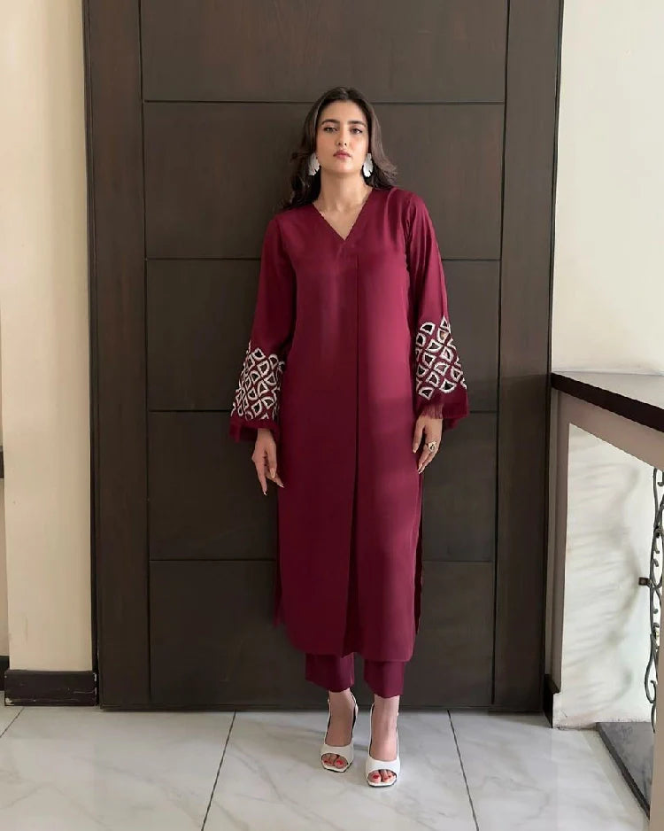 Picture of Manahils - Burgundy Maroon Embroidered Tunic - Available at Raja Sahib