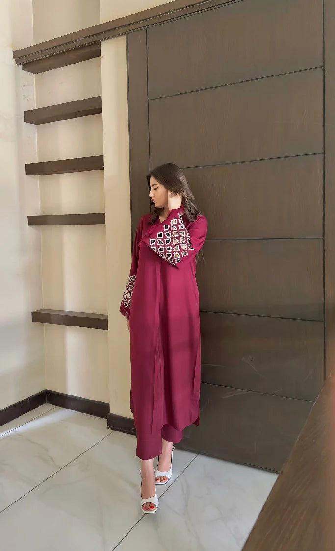 Picture of Manahils - Burgundy Maroon Embroidered Tunic - Available at Raja Sahib