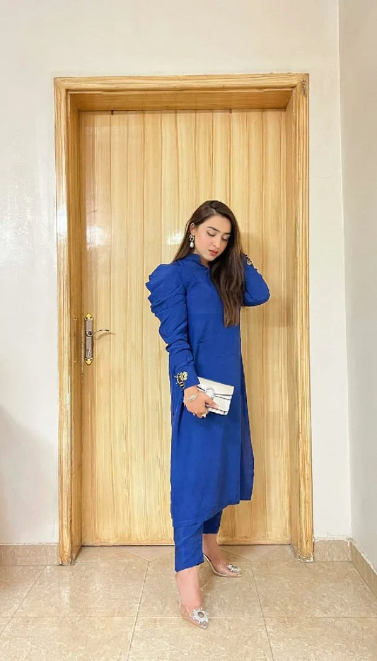 Picture of Manahils - Blue Puffy Sleeves Raw Silk - Available at Raja Sahib