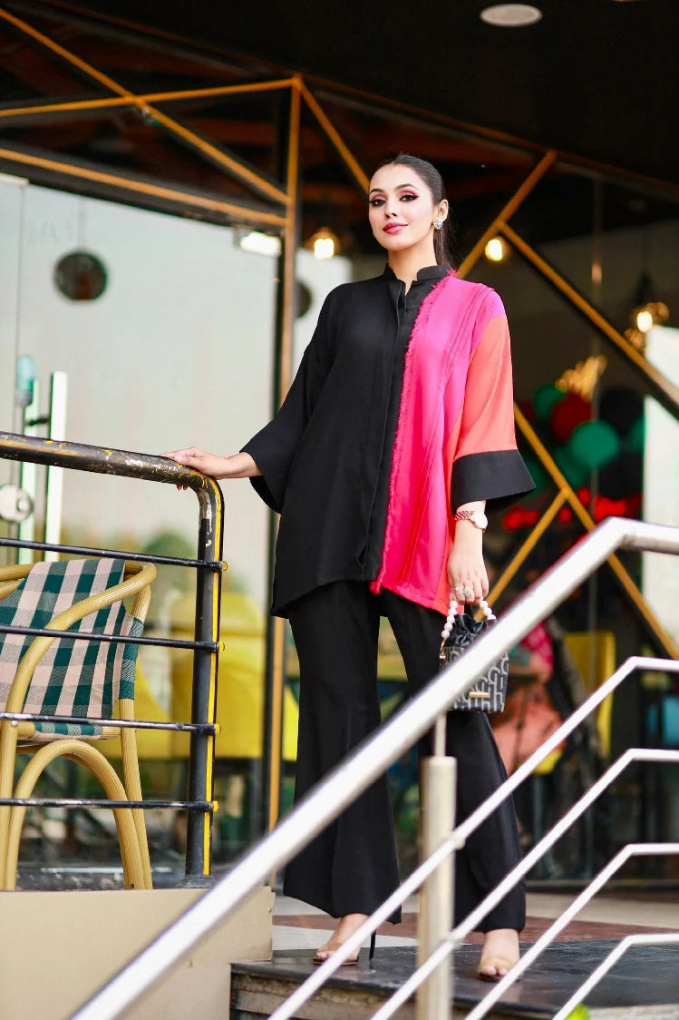 Picture of Manahils - Color Block Fringes Co-Ord Set - Available at Raja Sahib