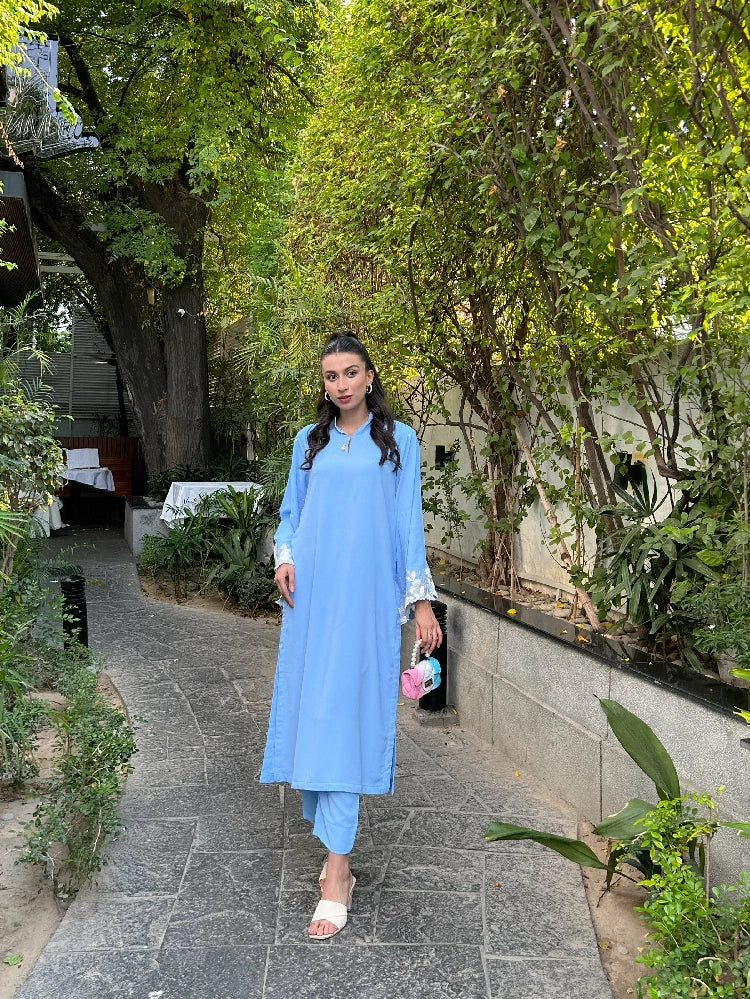 Picture of Manahils - Ice Blue Embroidered Sleeves - Available at Raja Sahib