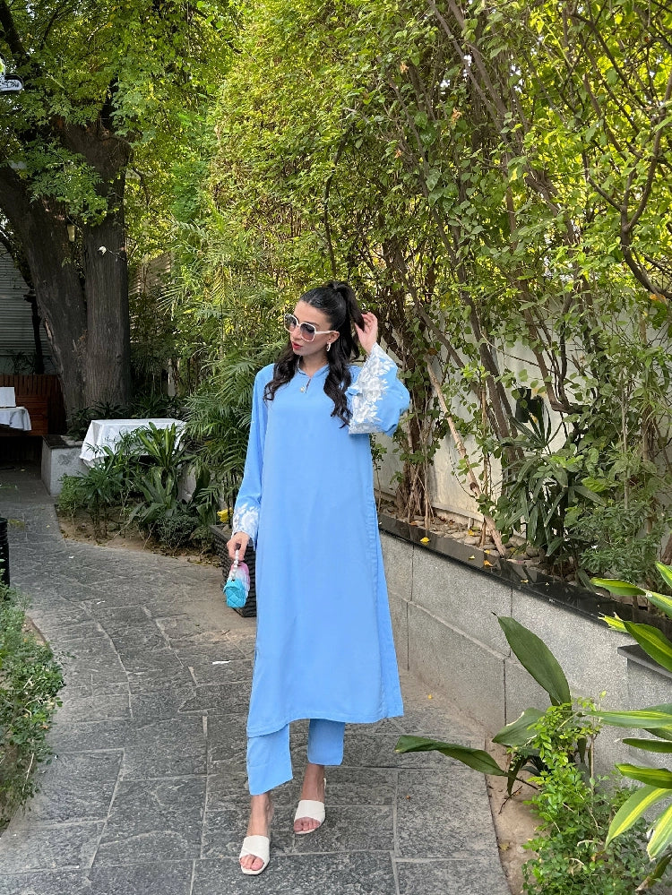 Picture of Manahils - Ice Blue Embroidered Sleeves - Available at Raja Sahib