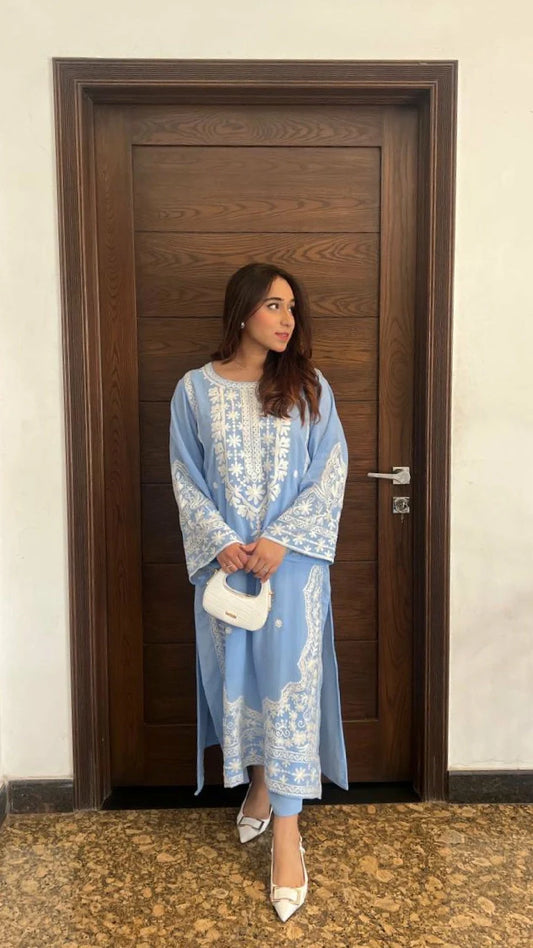 Picture of Manahils - Ice Blue Embroidered Two Pc - Available at Raja Sahib