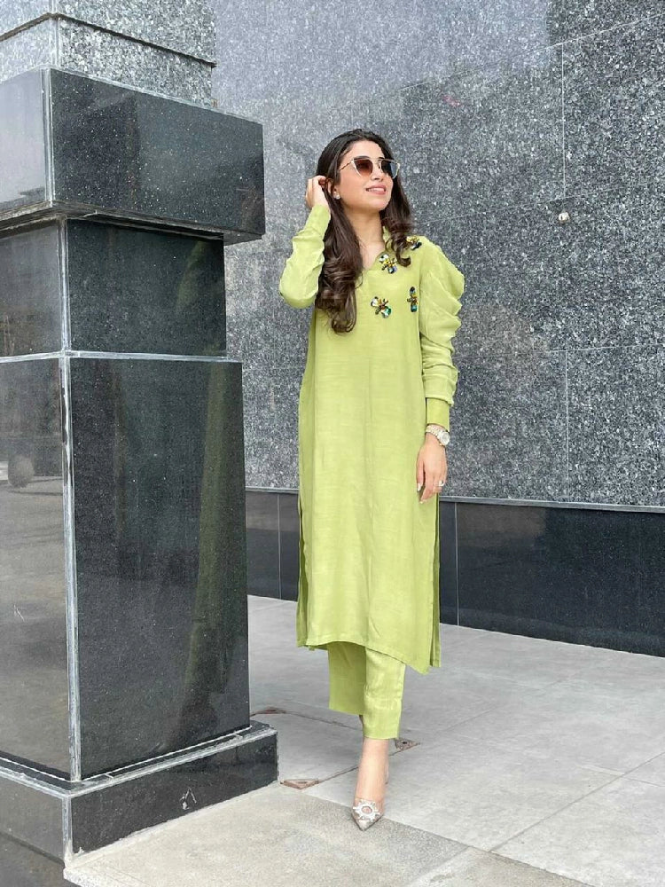 Picture of Manahils - Lemon Green Puffy Sleeves Raw Silk - Available at Raja Sahib