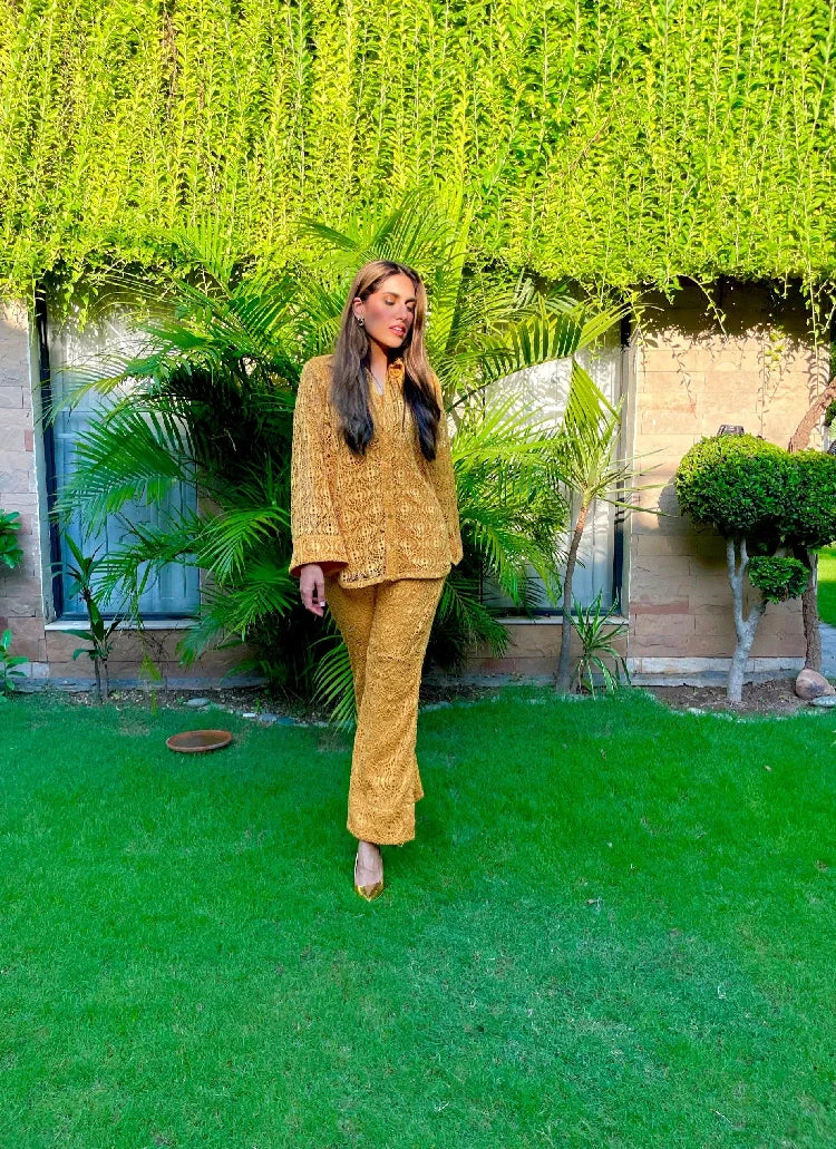 Picture of Manahils - Mustard Crochet Co-Ord Set - Available at Raja Sahib