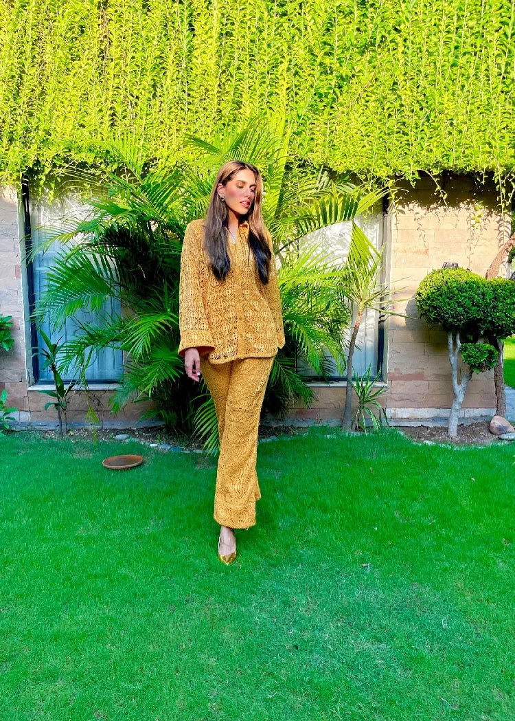 Picture of Manahils - Mustard Crochet Co-Ord Set - Available at Raja Sahib