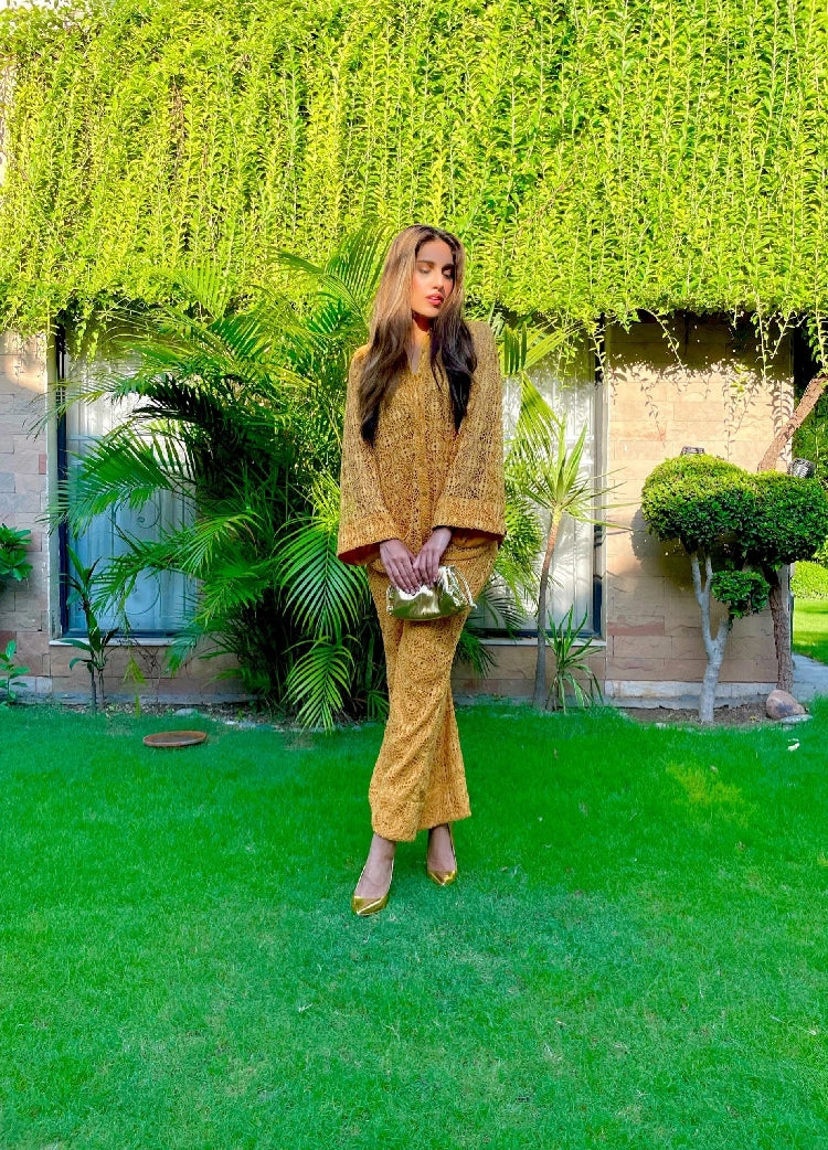Picture of Manahils - Mustard Crochet Co-Ord Set - Available at Raja Sahib