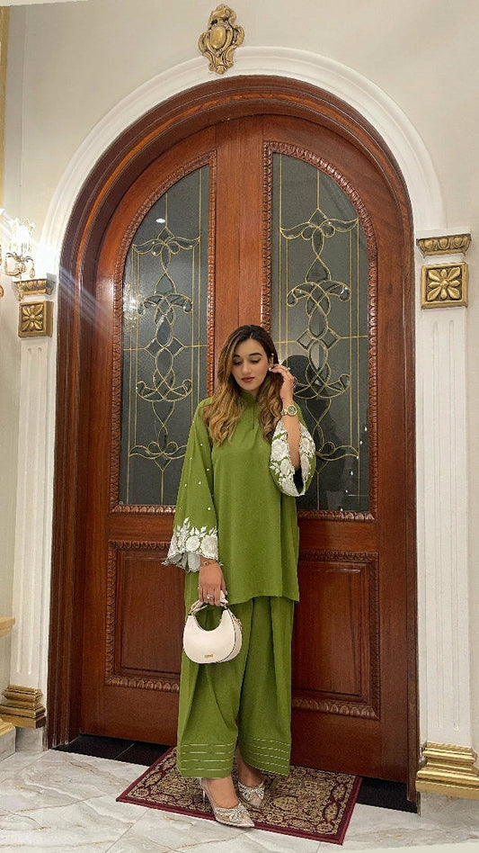 Picture of Manahils - Moss Green Embroidered Two Pc - Available at Raja Sahib