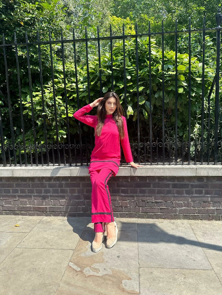 Picture of Manahils - Pink Co-Ord Set With Strip - Available at Raja Sahib