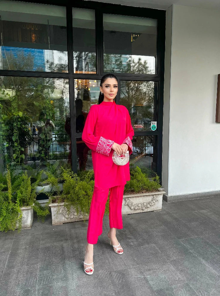 Picture of Manahils - Pink Embroidered Knot Set - Available at Raja Sahib