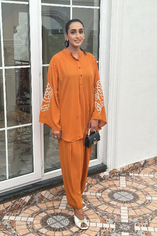 Picture of Manahils - Rusty Threaded Sleeves Two Pc - Available at Raja Sahib