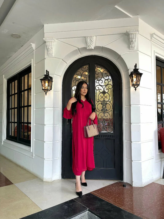 Picture of Manahils - Tunic V Neck Pleated Blood Red Two Pc - Available at Raja Sahib