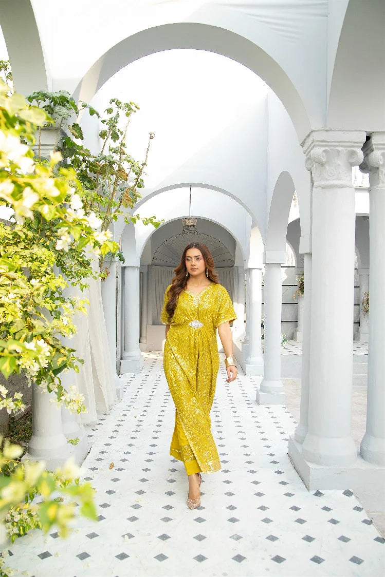 Picture of Manahils - Wa 03-Kaftan-Mustard - Available at Raja Sahib