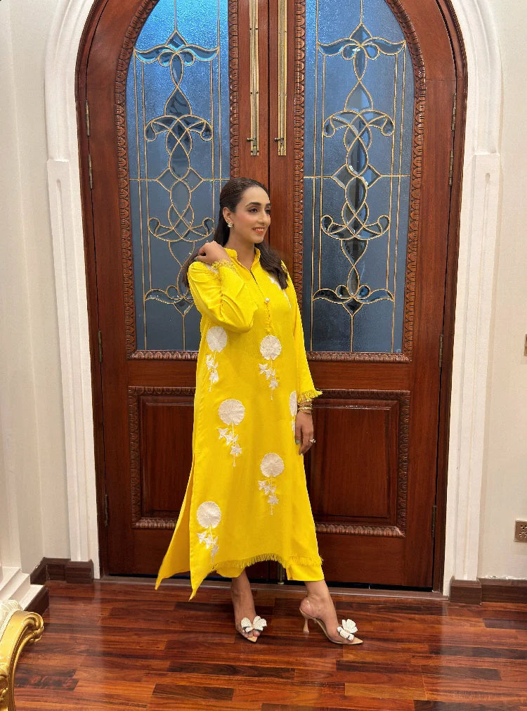 Picture of Manahils - Yellow Flower Embroidered Set - Available at Raja Sahib