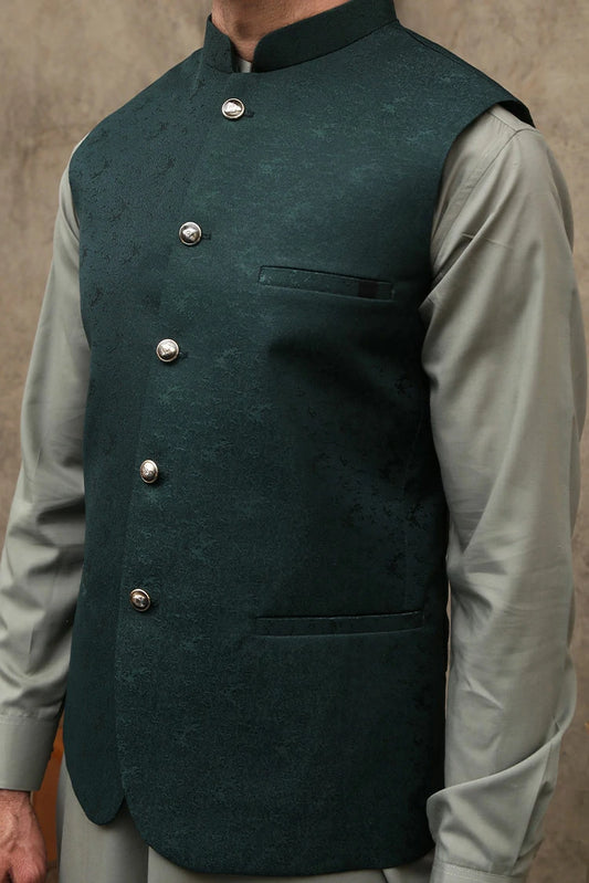 Picture of Maqsood Garments - Green Jamawar Men's Waist Coat - Available at Raja Sahib