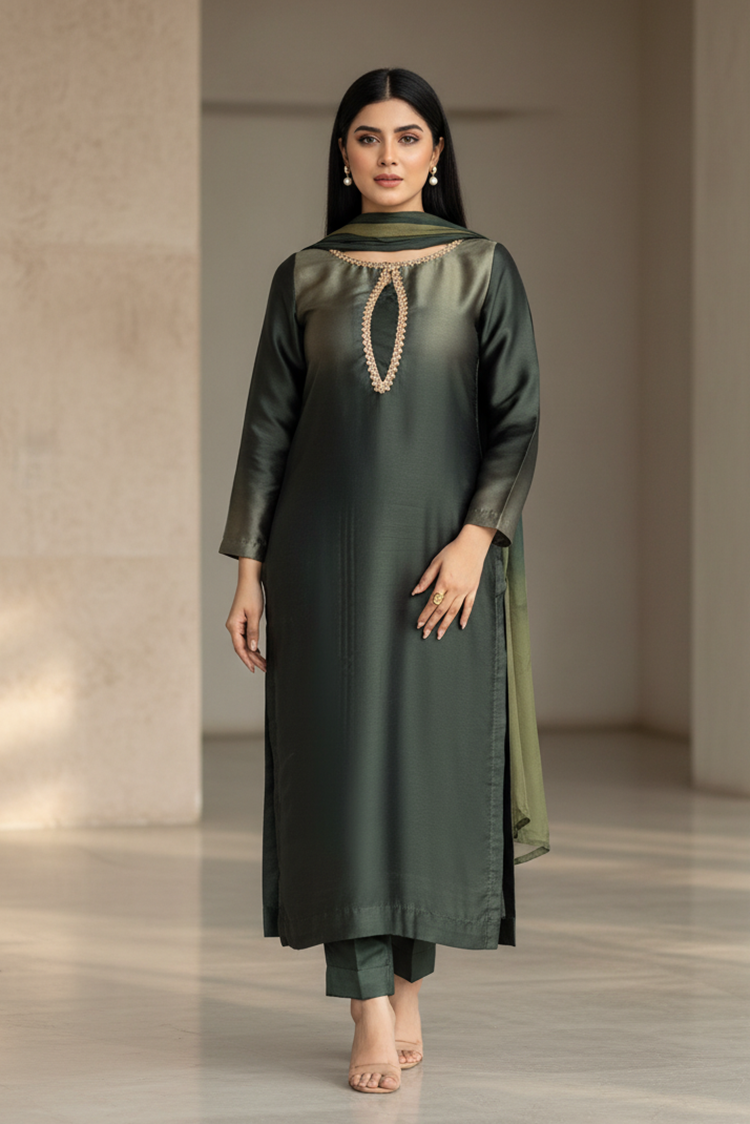Picture of Manash - Emerald Ombre Silk - 3 Piece - Available at Raja Sahib