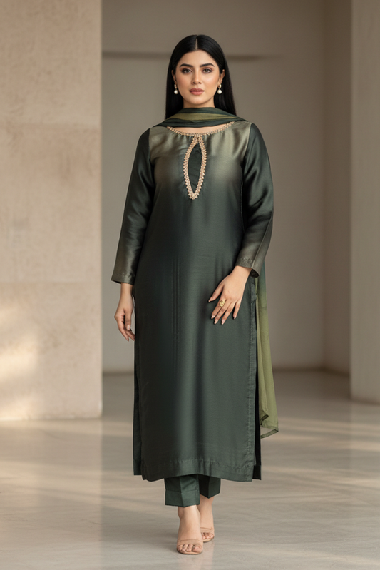 Picture of Manash - Emerald Ombre Silk - 3 Piece - Available at Raja Sahib