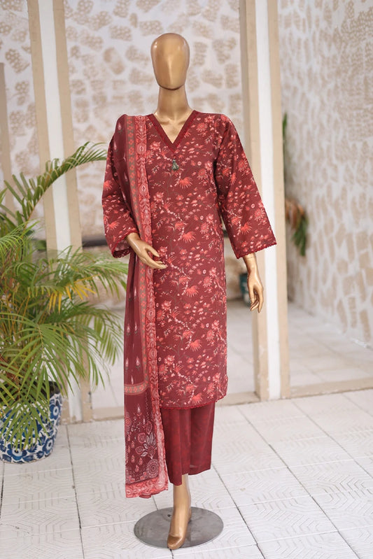 Suntex Fabrics - Maroon Printed Lawn Suit - 3 Piece