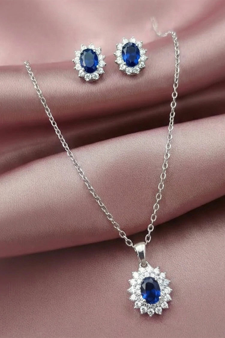 Picture of Pastels - Blue Sapphire Oval Necklace & Earrings Jewelry Set - S055 - Available at Raja Sahib