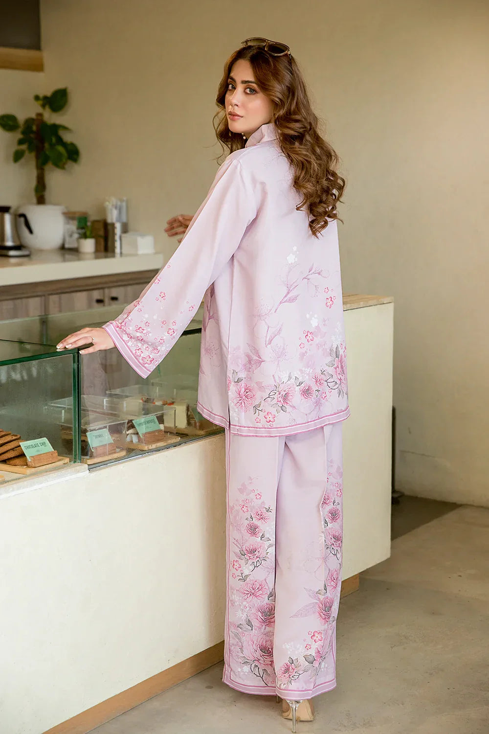 Picture of Ellena - Lavender Pastel Botanical Art Fusion Co-ord Set - Available at Raja Sahib