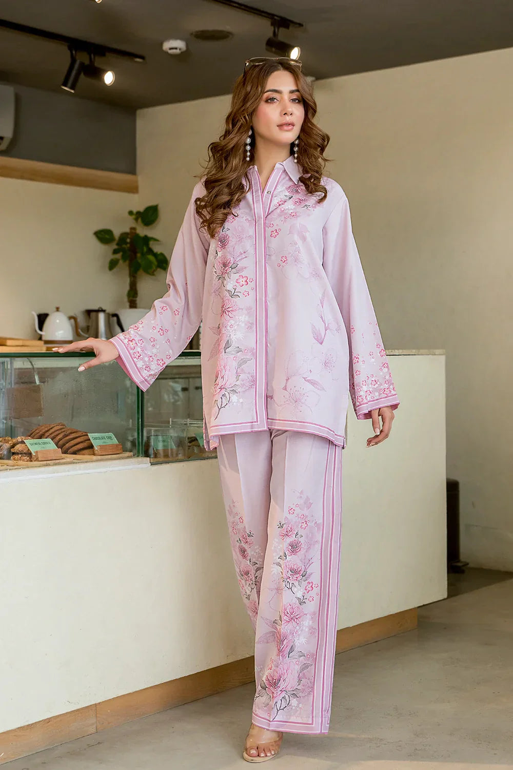 Picture of Ellena - Lavender Pastel Botanical Art Fusion Co-ord Set - Available at Raja Sahib