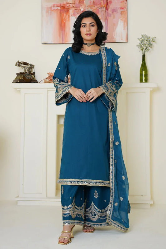 Picture of Threads & Weaves - Embroidered Lawn 3 Piece Suit - Elegant Teal Blue - Available at Raja Sahib