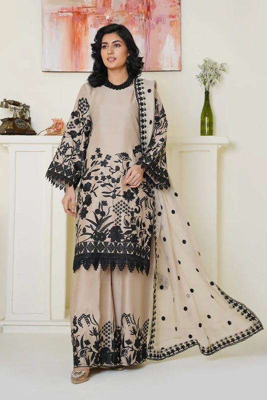 Picture of Threads & Weaves - Embroidered Viscose 3 Piece Suit - Chic Beige & Black - Available at Raja Sahib