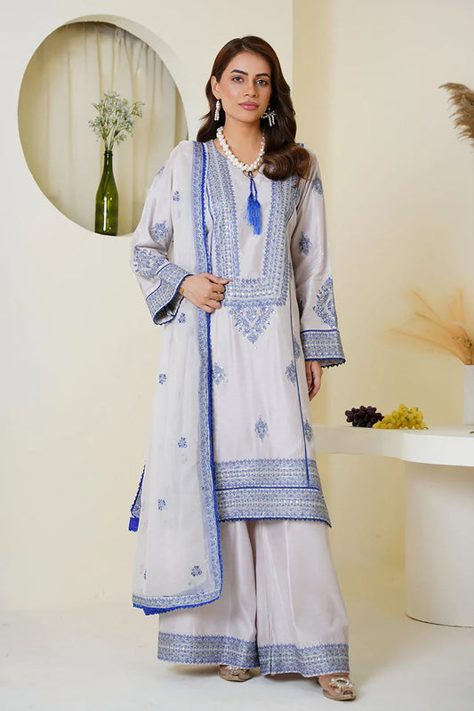 Picture of Threads & Weaves - Embroidered Viscose 3-Piece Suit - Icy Lavender & Blue - Available at Raja Sahib