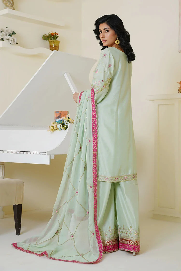 Picture of Threads & Weaves - Embroidered Viscose 3 Piece Suit - Mint Green & Pink - Available at Raja Sahib