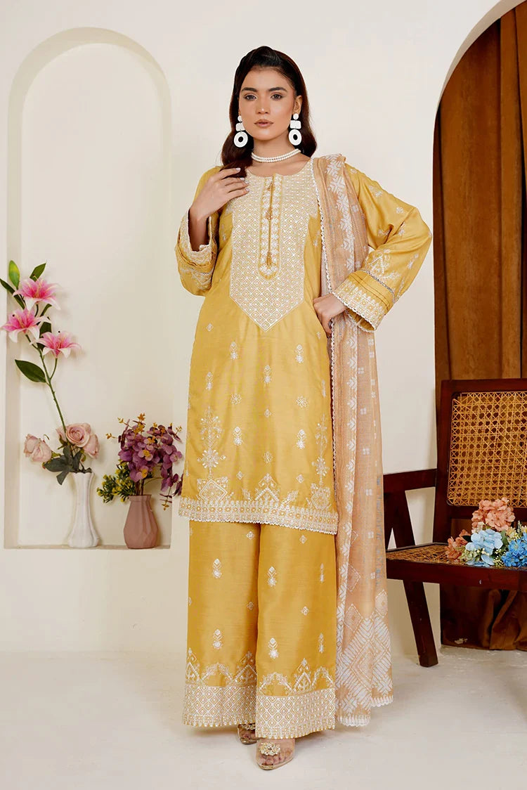 Picture of Threads & Weaves - Embroidered Viscose 3-Piece Suit - Golden Mustard - Available at Raja Sahib